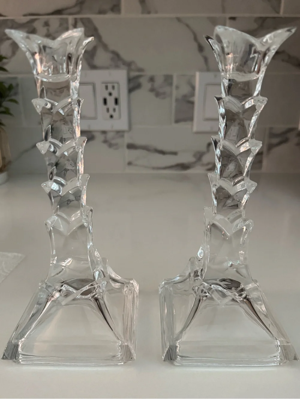 Vintage Crystal Clear Industries 24% Lead Crystal Palm Tree Candlestick Holders